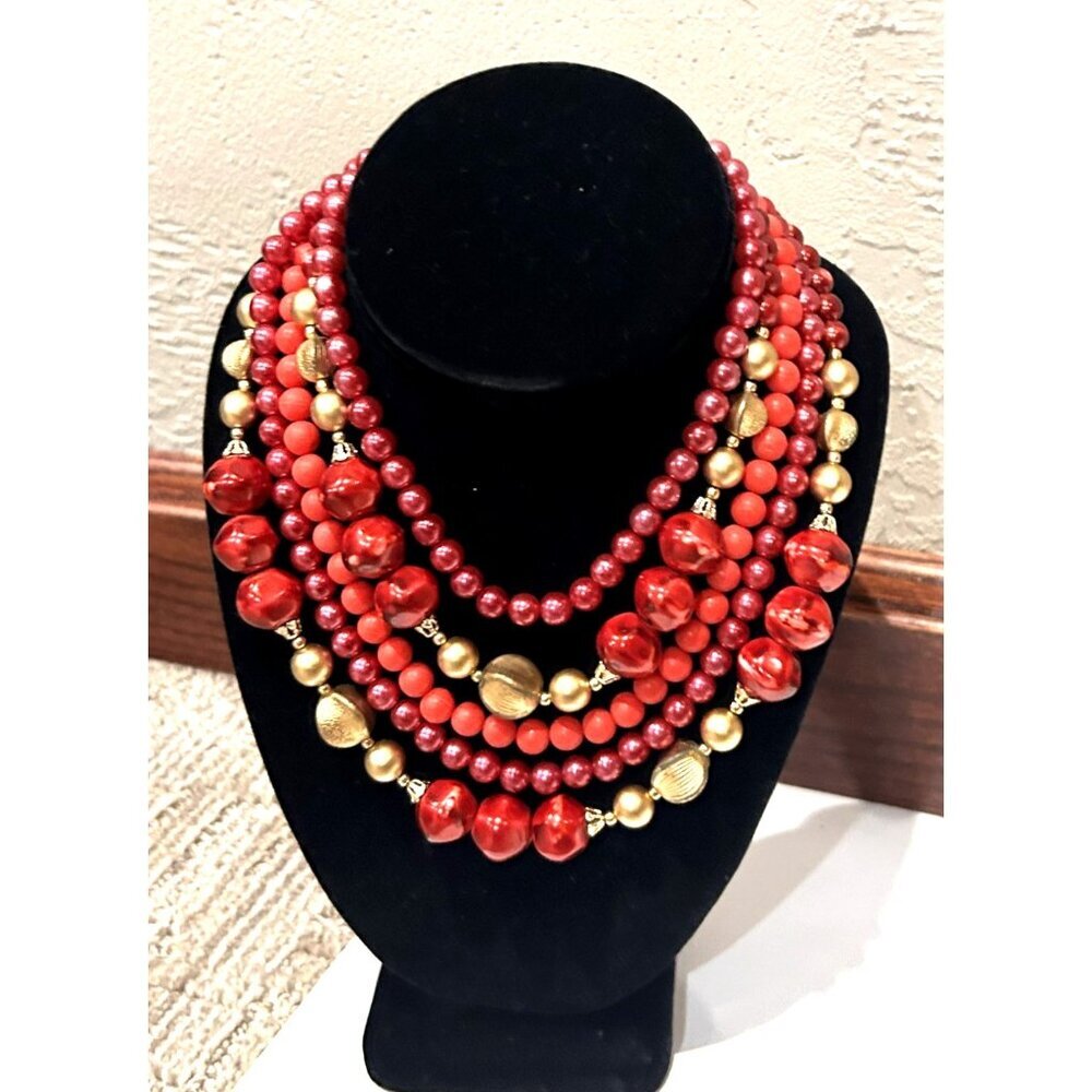 JAPAN RED GOLD FAUX PEARL BEAD5 STRAND BIB COLLAR VINTAGE NECKLACE EUC